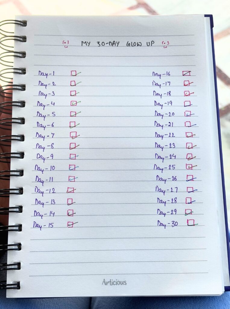 my 30-day glow up tracker page from journal